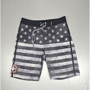 Affliction Boardshorts Mens 33 Black American Flag Grunge Punk Y2k‎ Swim Trunks